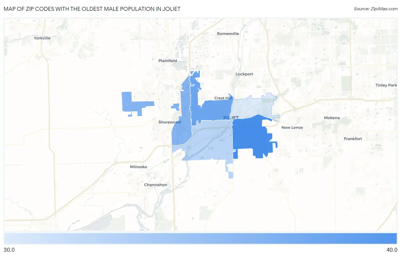 Zip Codes with the Oldest Male Population in Joliet Map