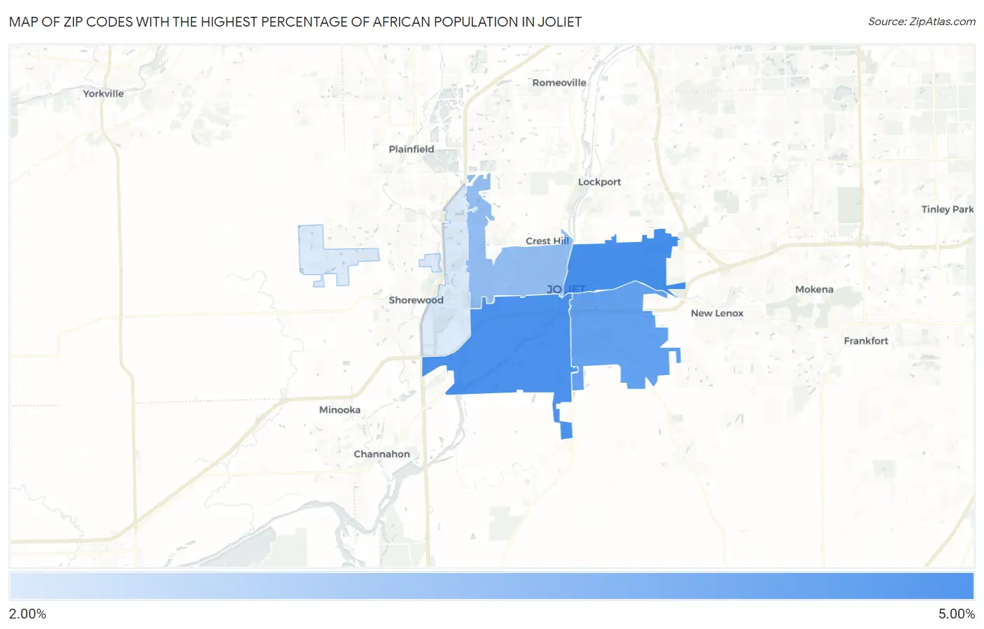 Zip Codes with the Highest Percentage of African Population in Joliet Map