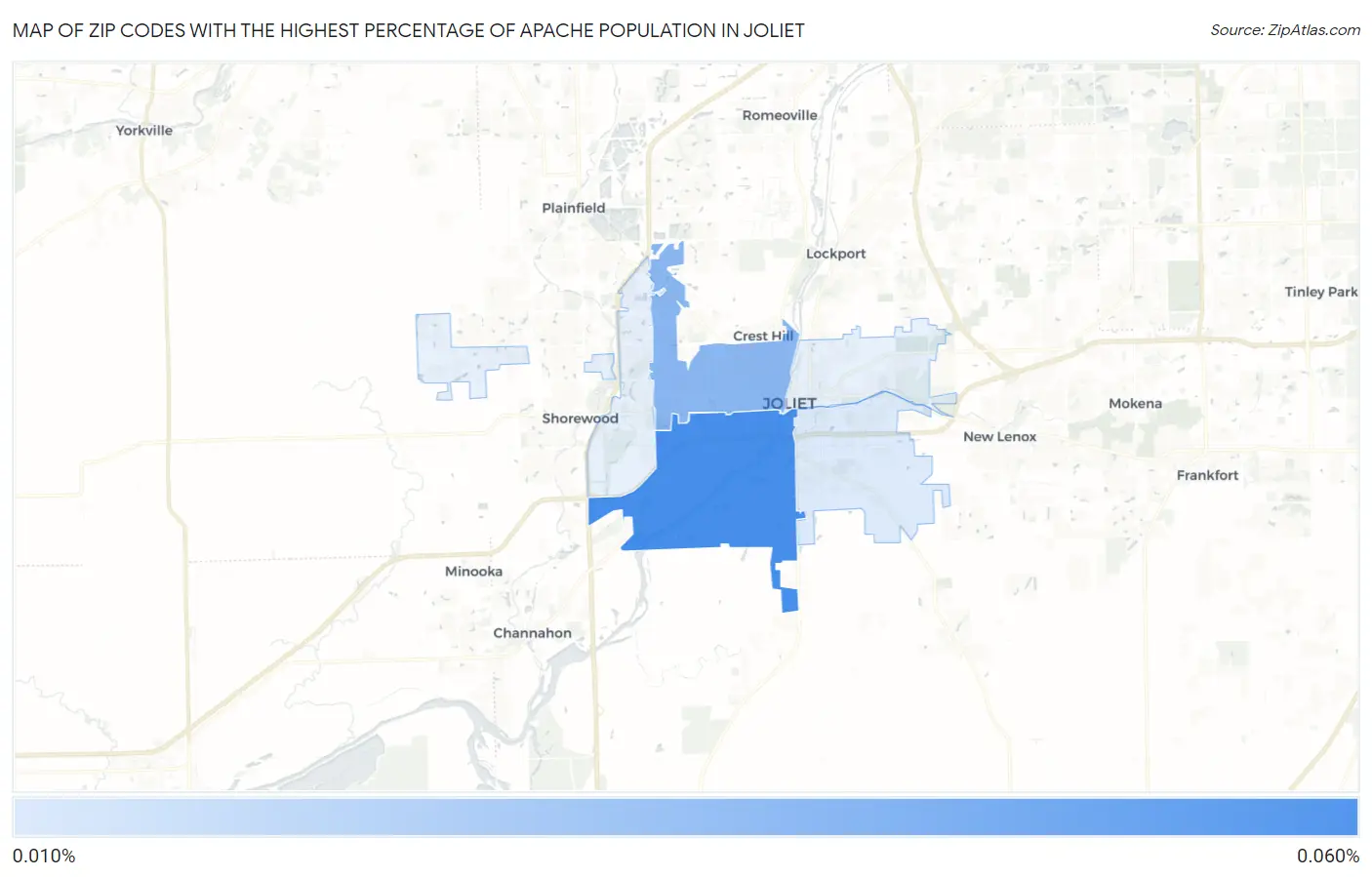 Zip Codes with the Highest Percentage of Apache Population in Joliet Map