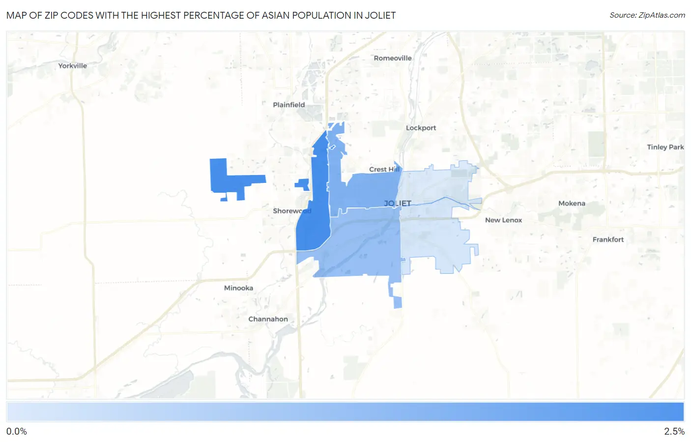 Zip Codes with the Highest Percentage of Asian Population in Joliet Map
