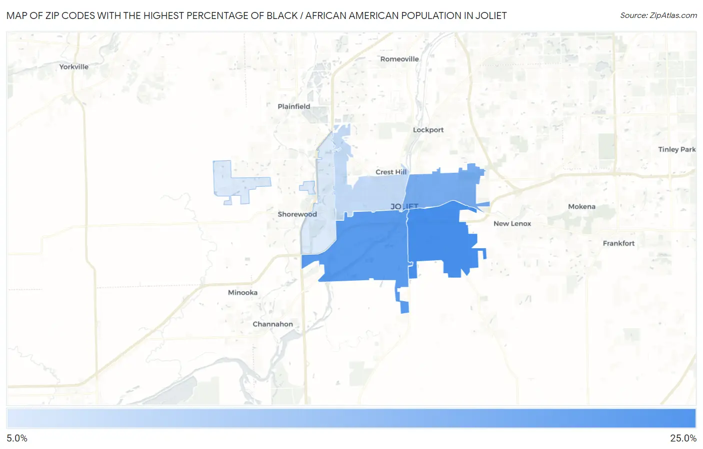 Zip Codes with the Highest Percentage of Black / African American Population in Joliet Map
