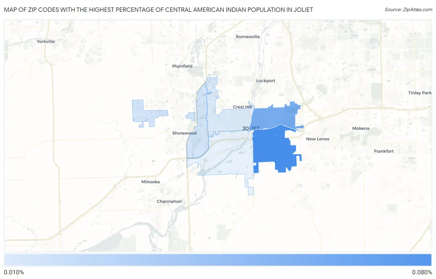 Zip Codes with the Highest Percentage of Central American Indian Population in Joliet Map