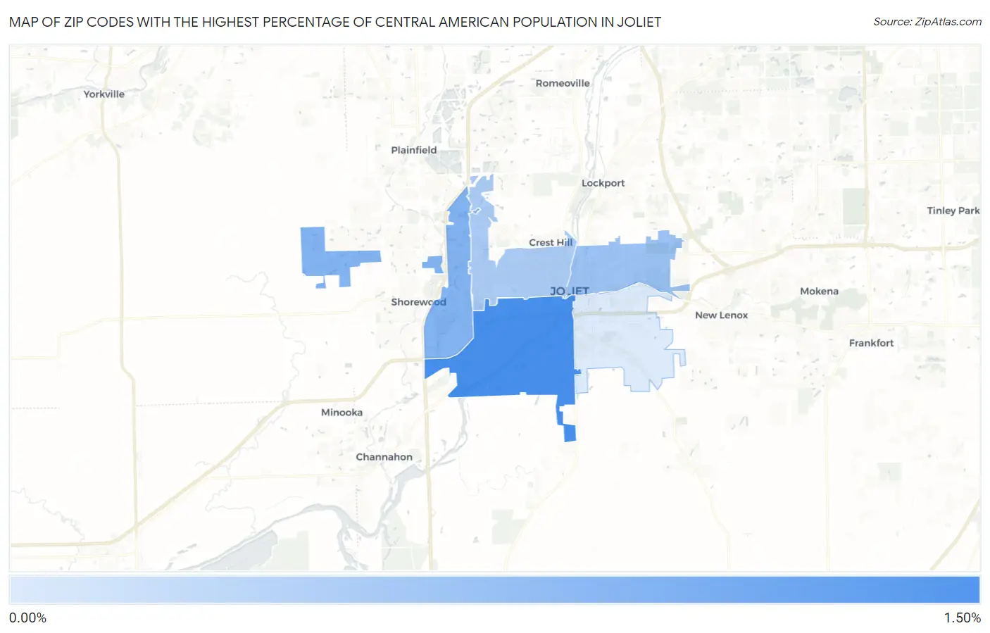 Zip Codes with the Highest Percentage of Central American Population in Joliet Map