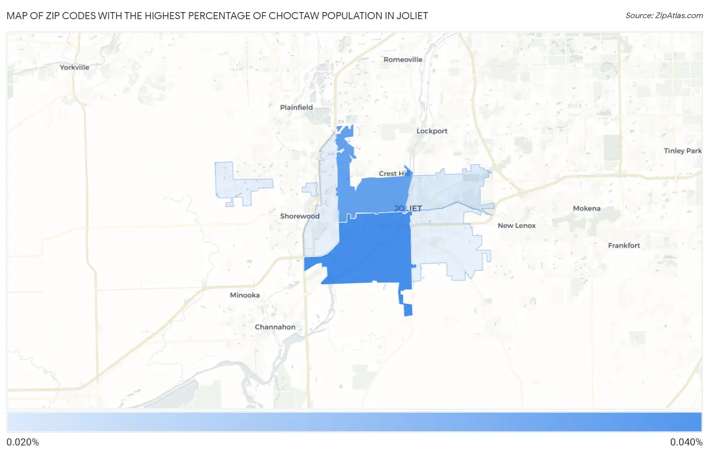 Zip Codes with the Highest Percentage of Choctaw Population in Joliet Map