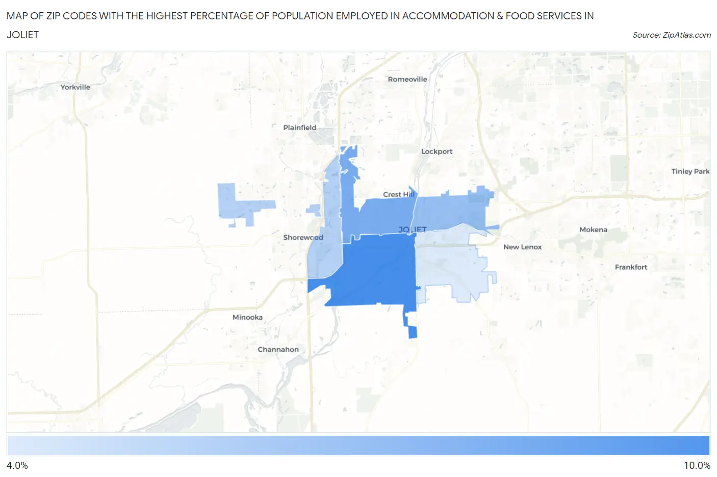 Zip Codes with the Highest Percentage of Population Employed in Accommodation & Food Services in Joliet Map