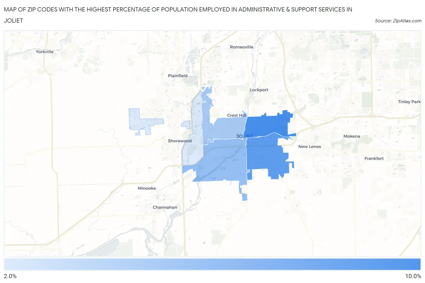 Zip Codes with the Highest Percentage of Population Employed in Administrative & Support Services in Joliet Map