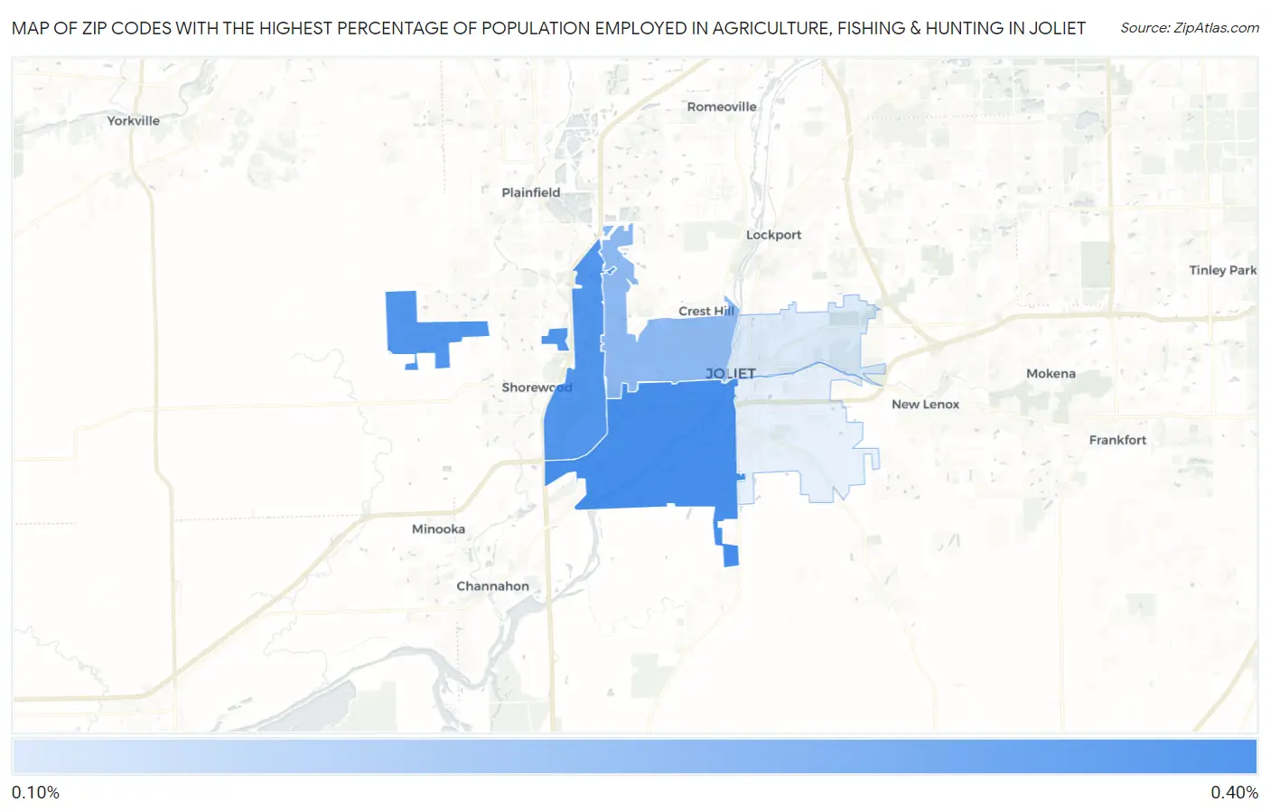Zip Codes with the Highest Percentage of Population Employed in Agriculture, Fishing & Hunting in Joliet Map