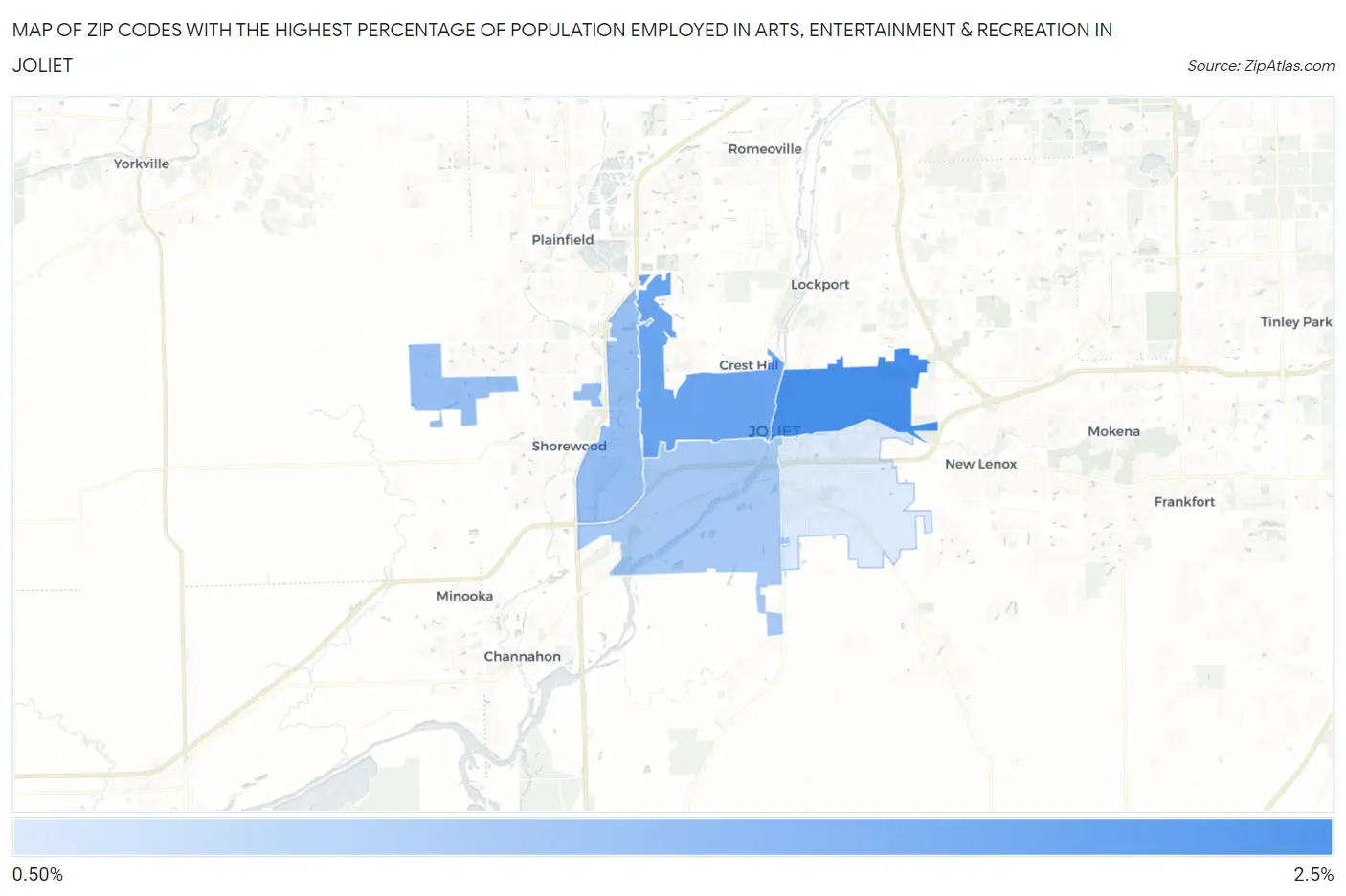 Zip Codes with the Highest Percentage of Population Employed in Arts, Entertainment & Recreation in Joliet Map