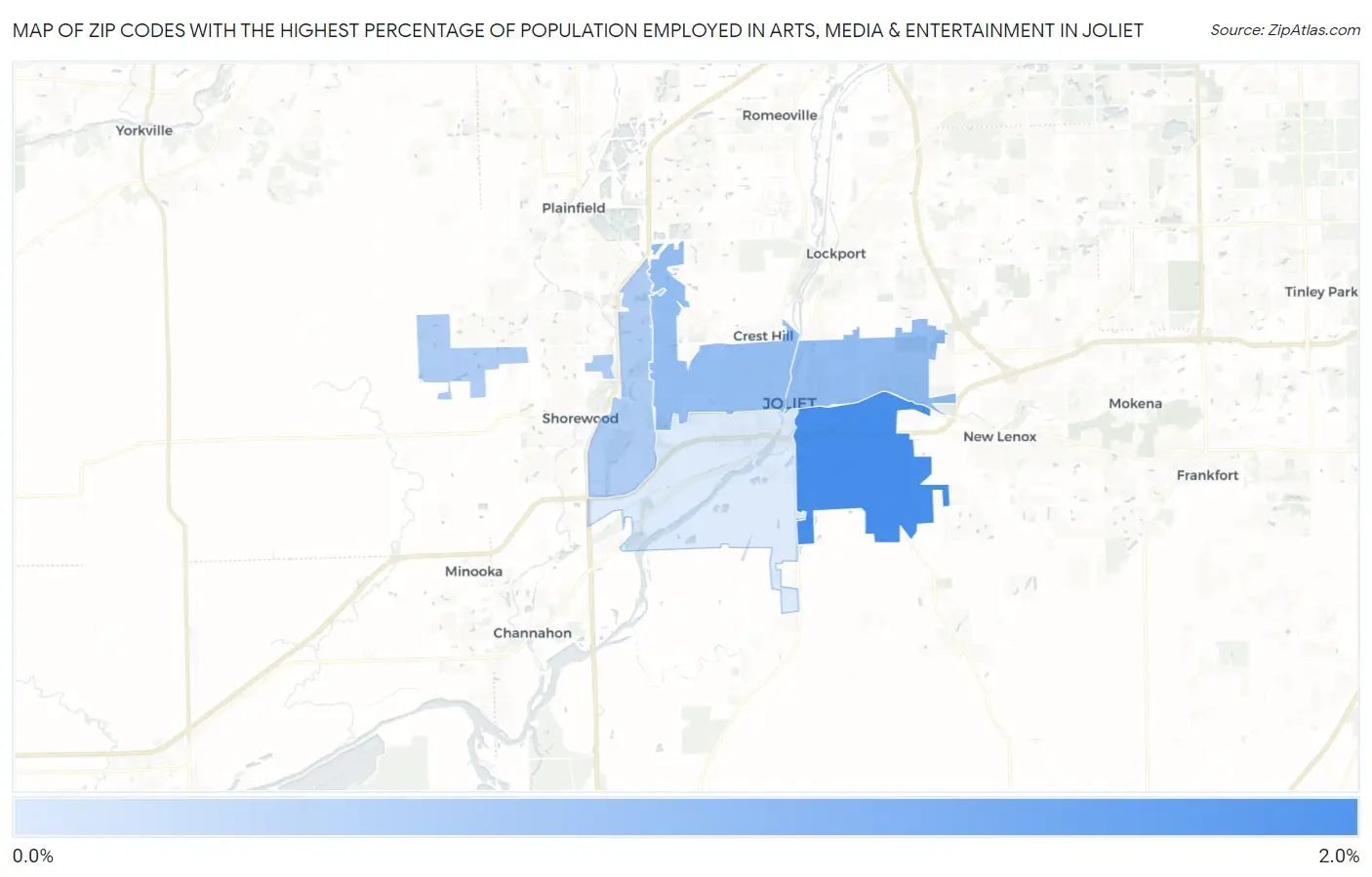 Zip Codes with the Highest Percentage of Population Employed in Arts, Media & Entertainment in Joliet Map