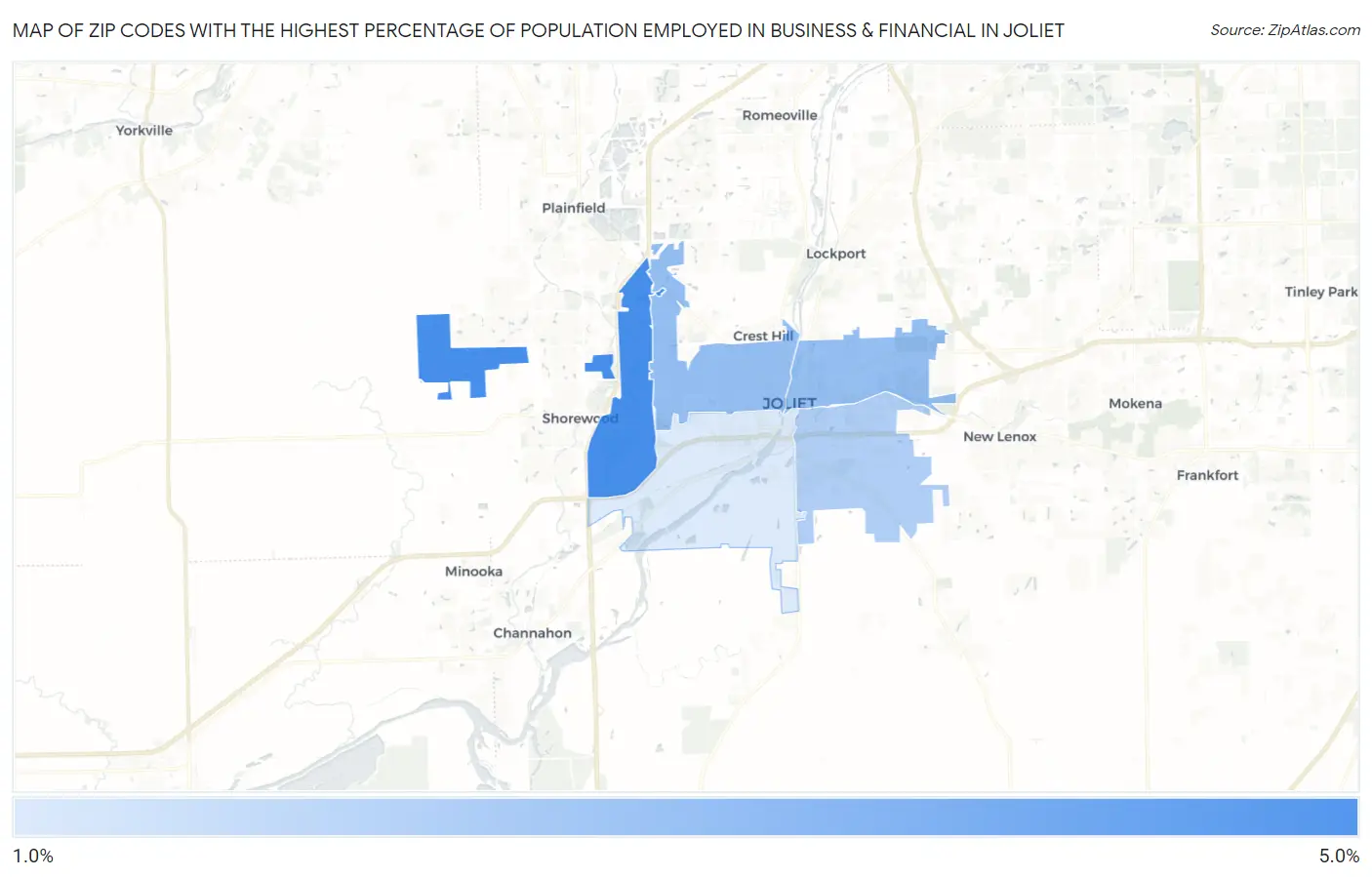 Zip Codes with the Highest Percentage of Population Employed in Business & Financial in Joliet Map
