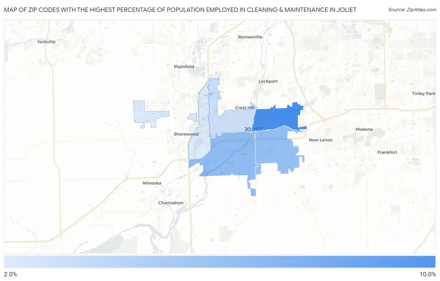 Zip Codes with the Highest Percentage of Population Employed in Cleaning & Maintenance in Joliet Map