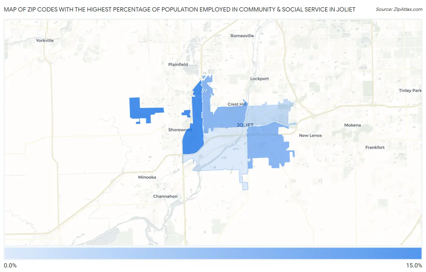 Zip Codes with the Highest Percentage of Population Employed in Community & Social Service  in Joliet Map