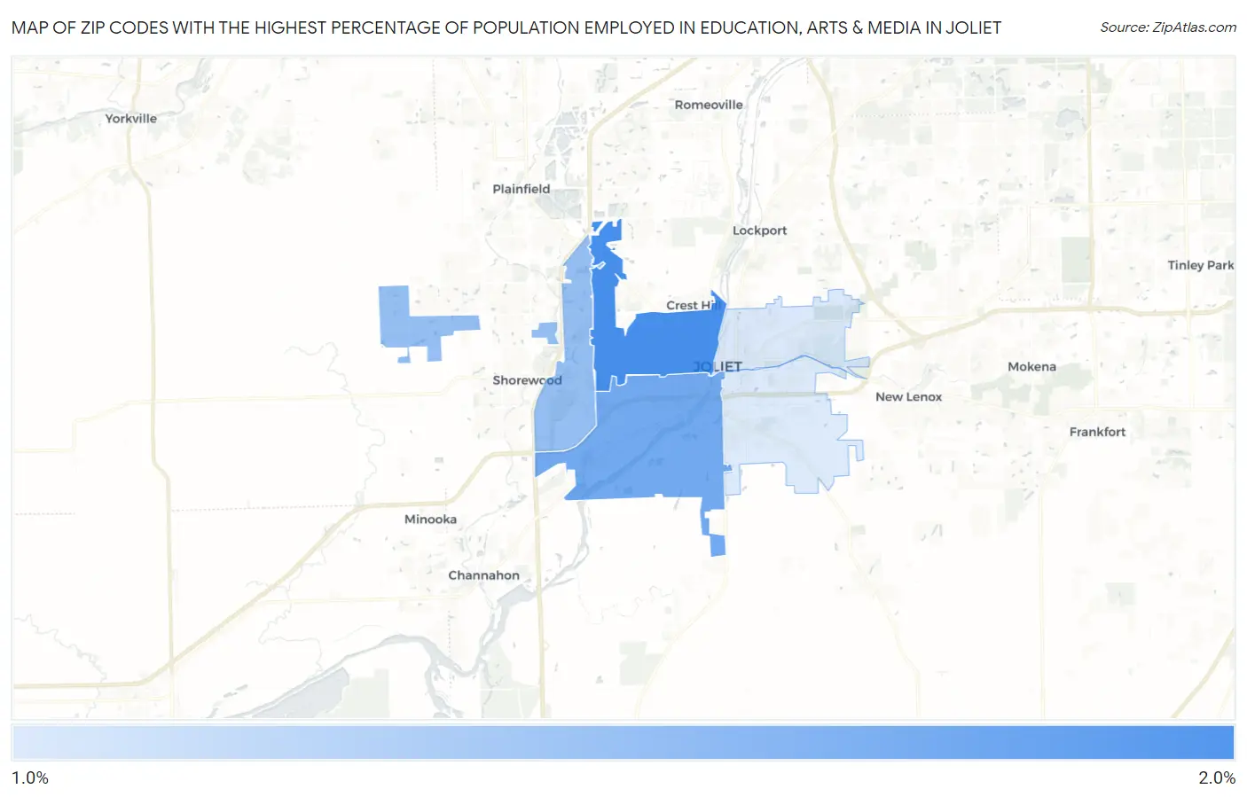 Zip Codes with the Highest Percentage of Population Employed in Education, Arts & Media in Joliet Map