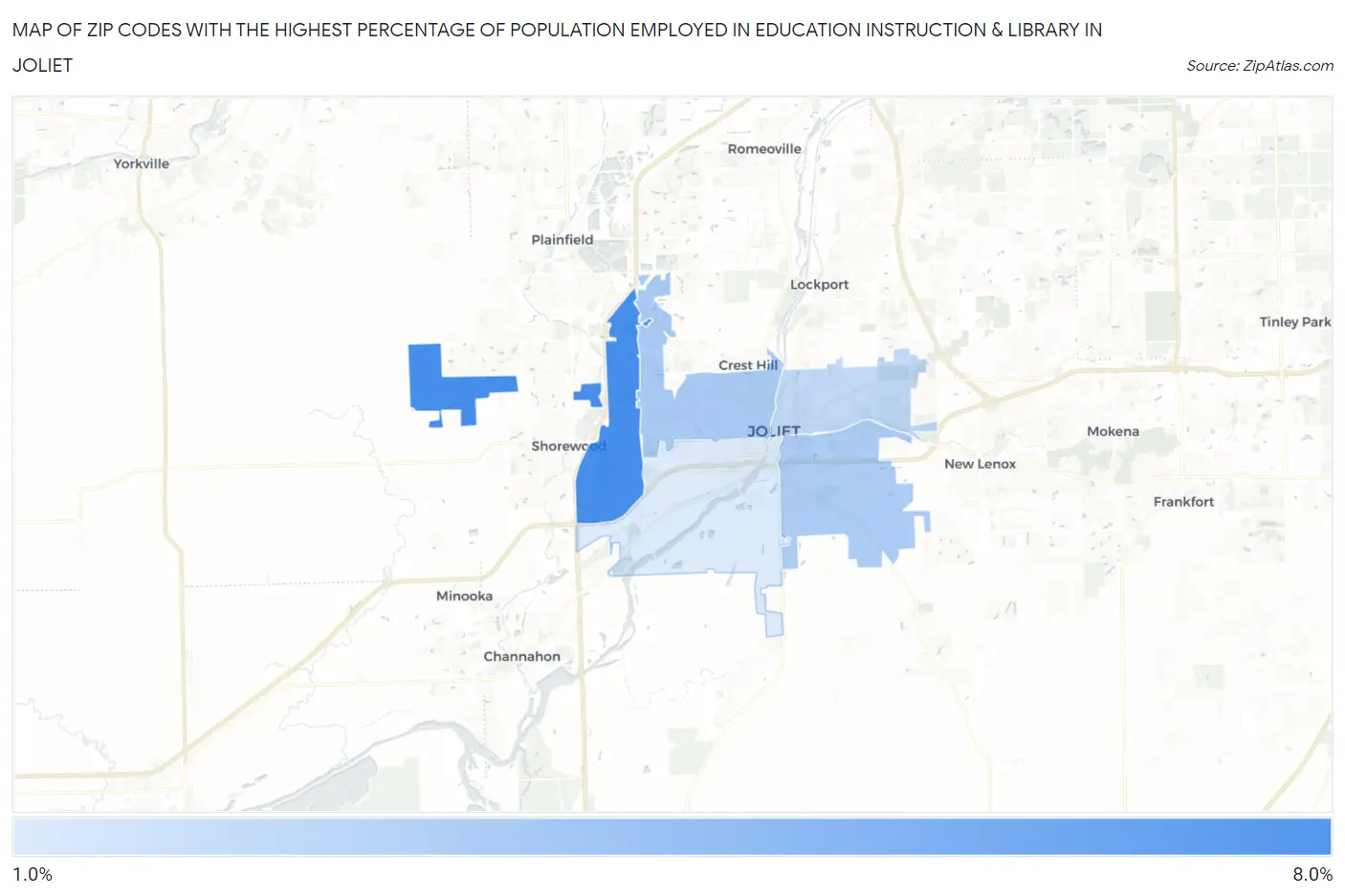 Zip Codes with the Highest Percentage of Population Employed in Education Instruction & Library in Joliet Map