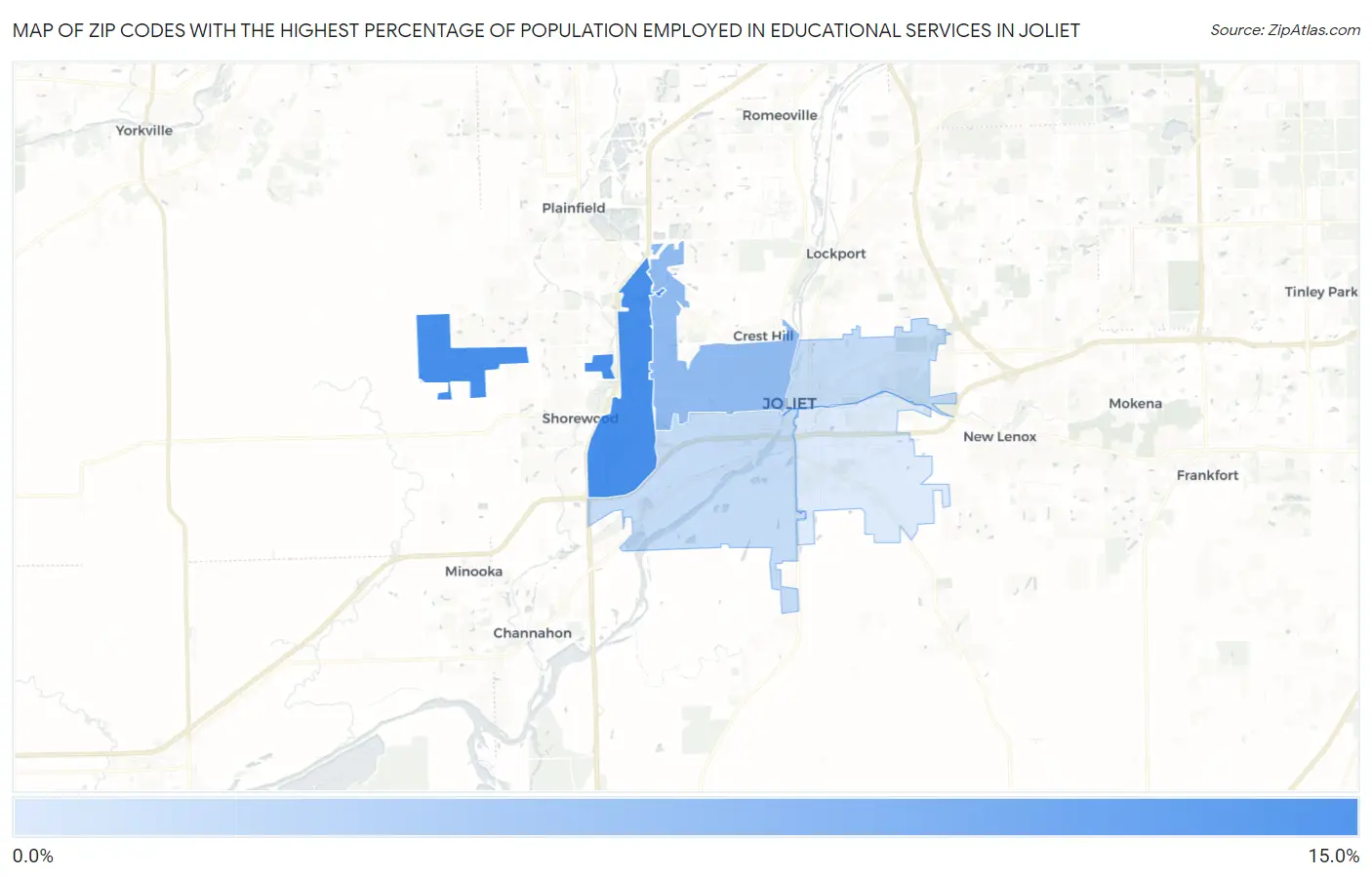 Zip Codes with the Highest Percentage of Population Employed in Educational Services in Joliet Map