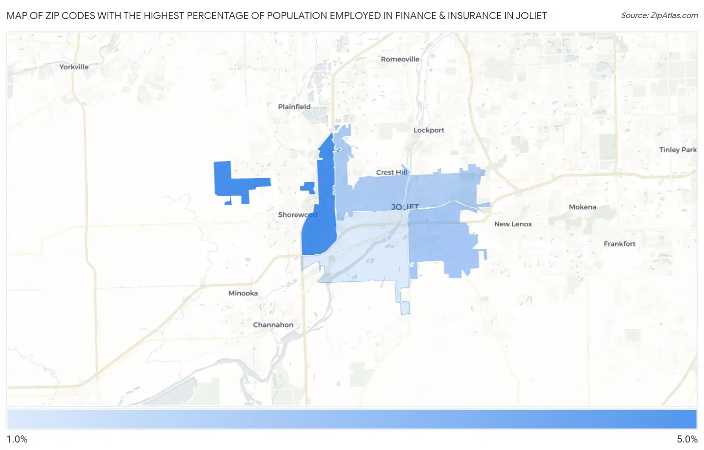 Zip Codes with the Highest Percentage of Population Employed in Finance & Insurance in Joliet Map