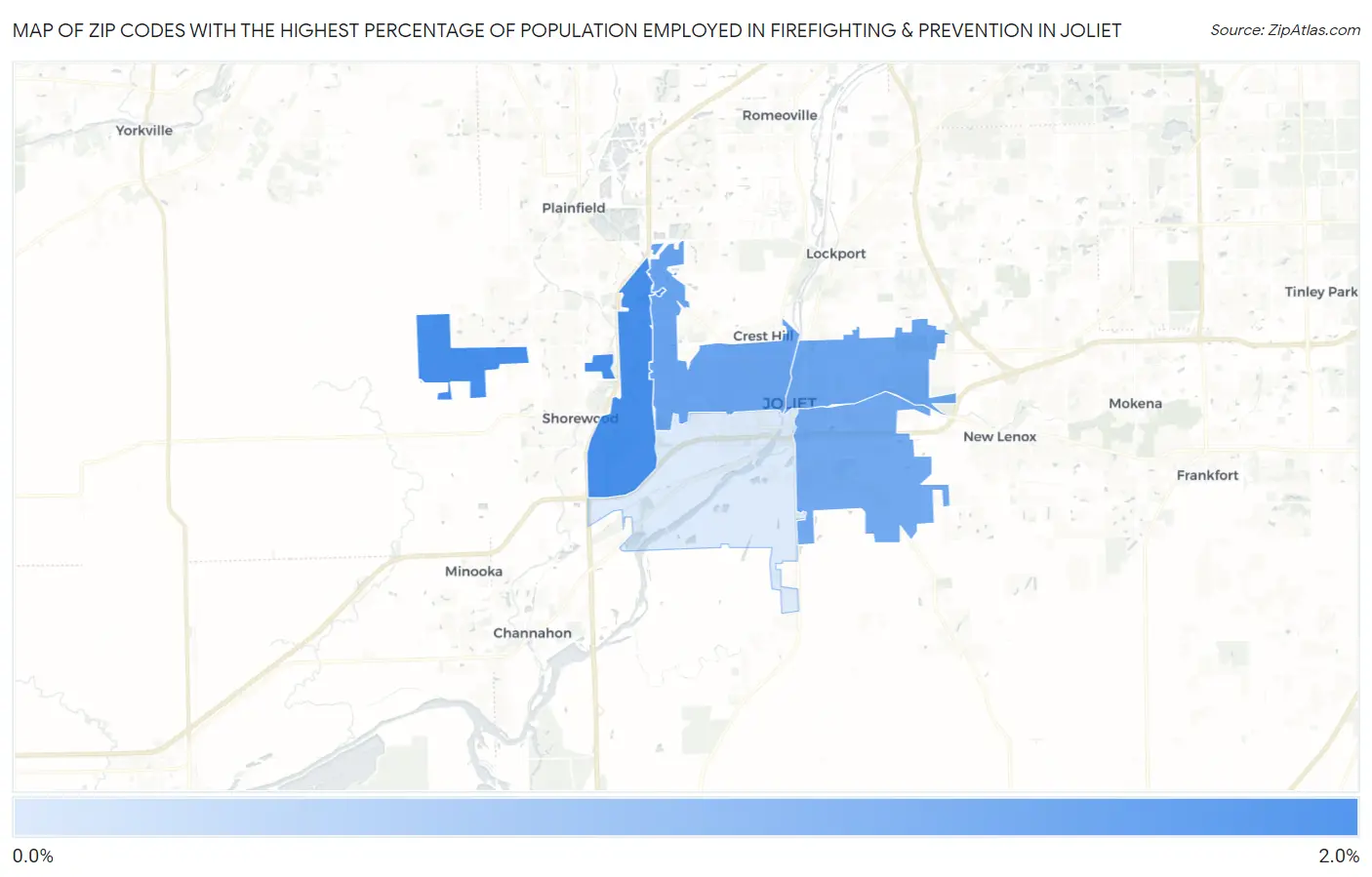 Zip Codes with the Highest Percentage of Population Employed in Firefighting & Prevention in Joliet Map