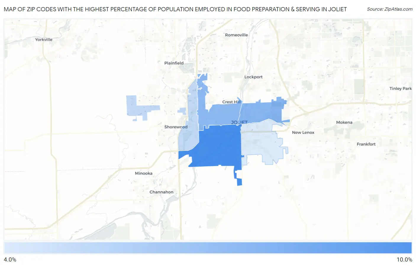 Zip Codes with the Highest Percentage of Population Employed in Food Preparation & Serving in Joliet Map