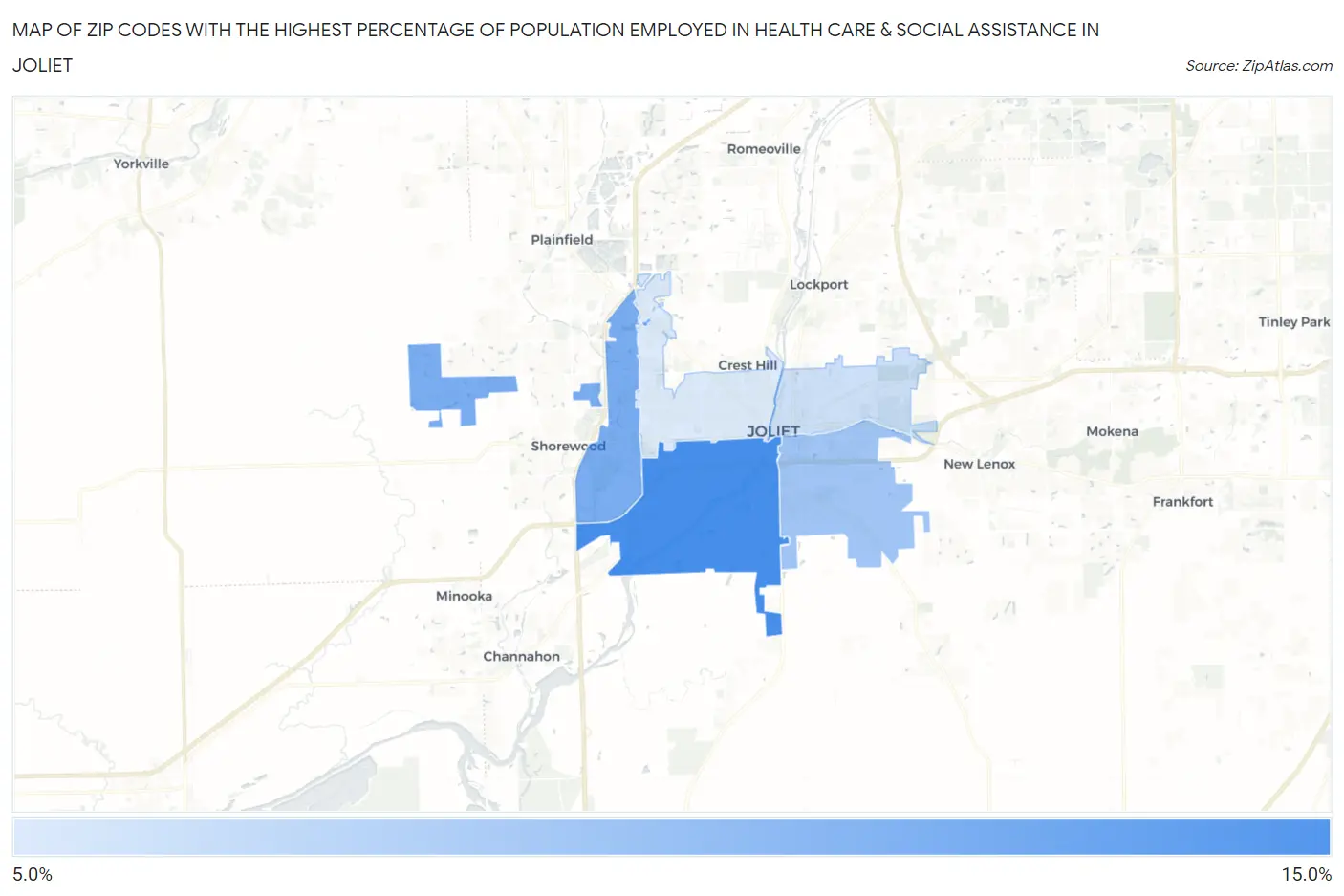 Zip Codes with the Highest Percentage of Population Employed in Health Care & Social Assistance in Joliet Map