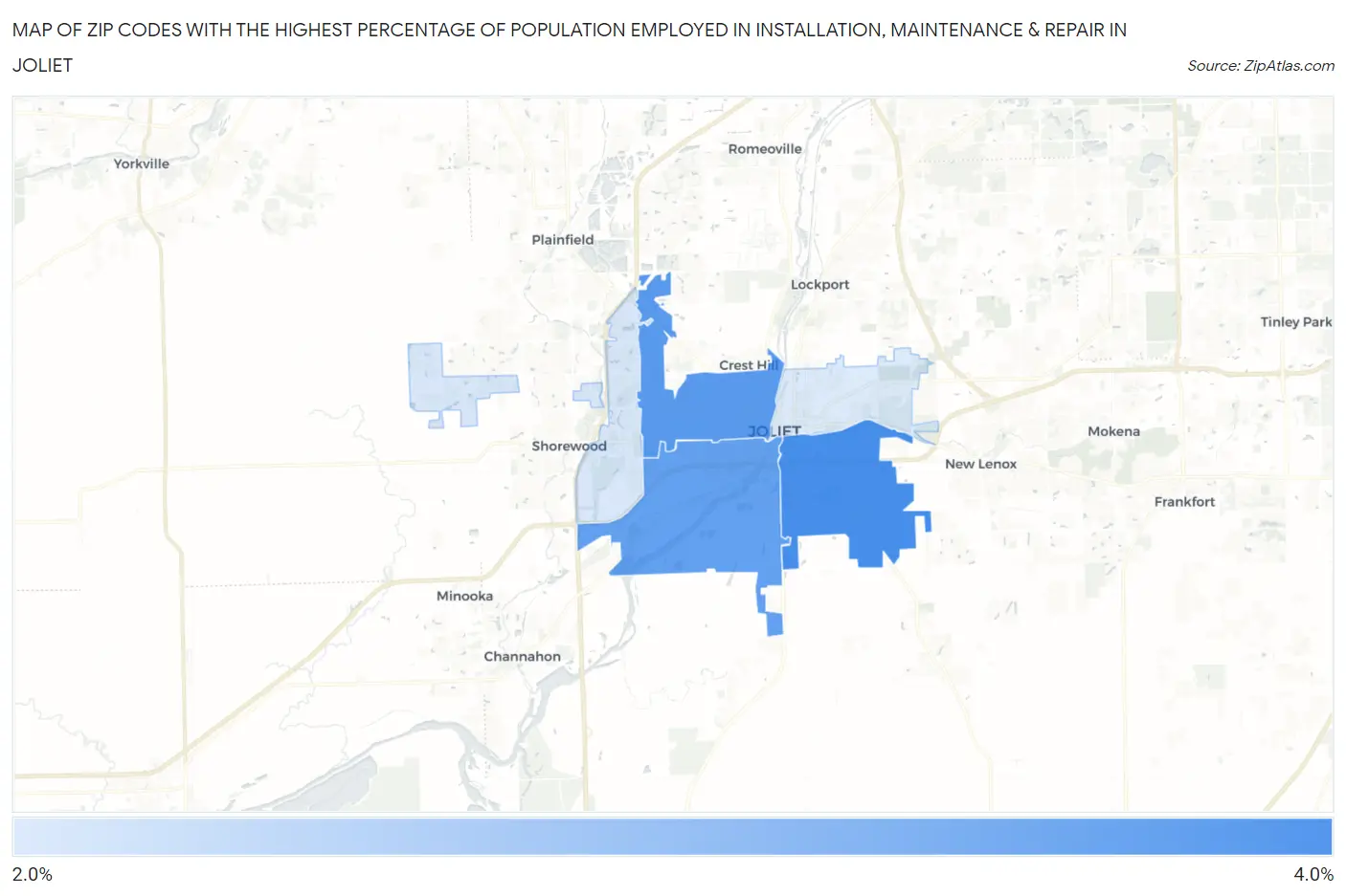 Zip Codes with the Highest Percentage of Population Employed in Installation, Maintenance & Repair in Joliet Map