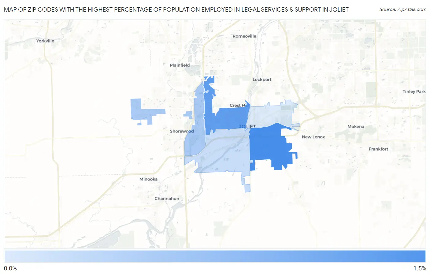 Zip Codes with the Highest Percentage of Population Employed in Legal Services & Support in Joliet Map