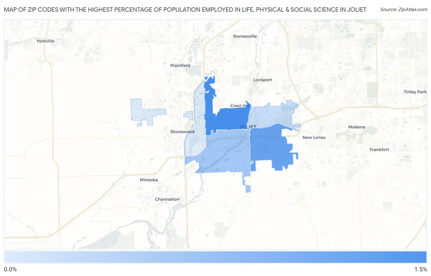 Zip Codes with the Highest Percentage of Population Employed in Life, Physical & Social Science in Joliet Map