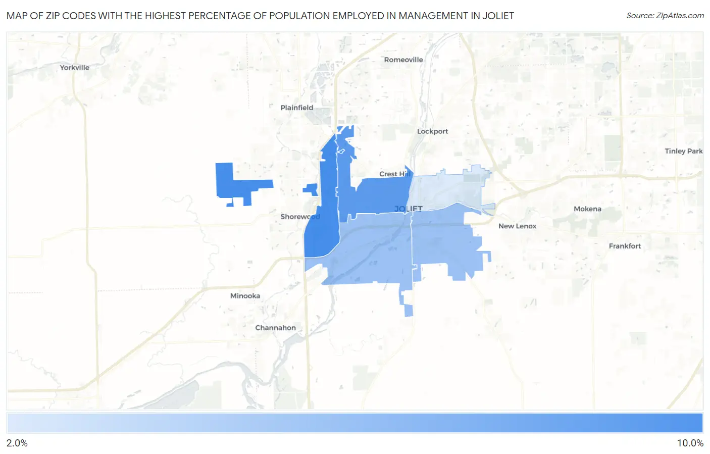 Zip Codes with the Highest Percentage of Population Employed in Management in Joliet Map