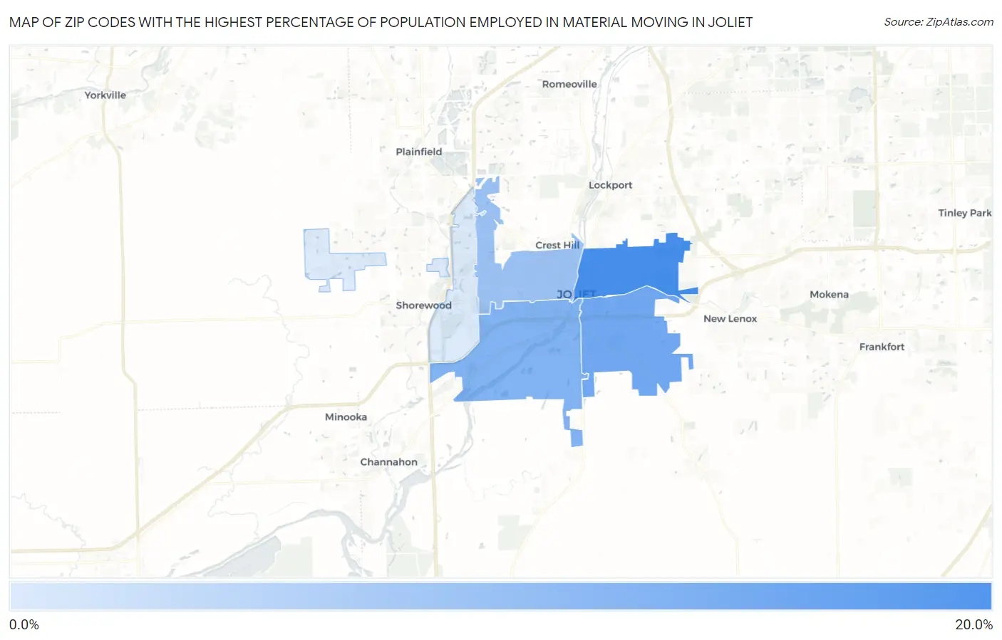 Zip Codes with the Highest Percentage of Population Employed in Material Moving in Joliet Map