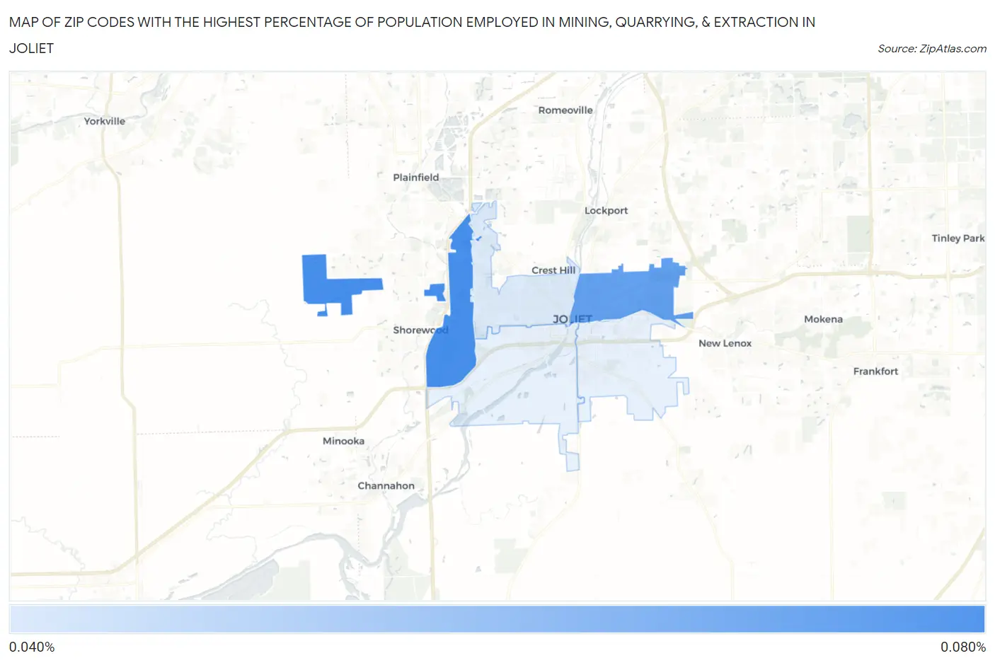 Zip Codes with the Highest Percentage of Population Employed in Mining, Quarrying, & Extraction in Joliet Map