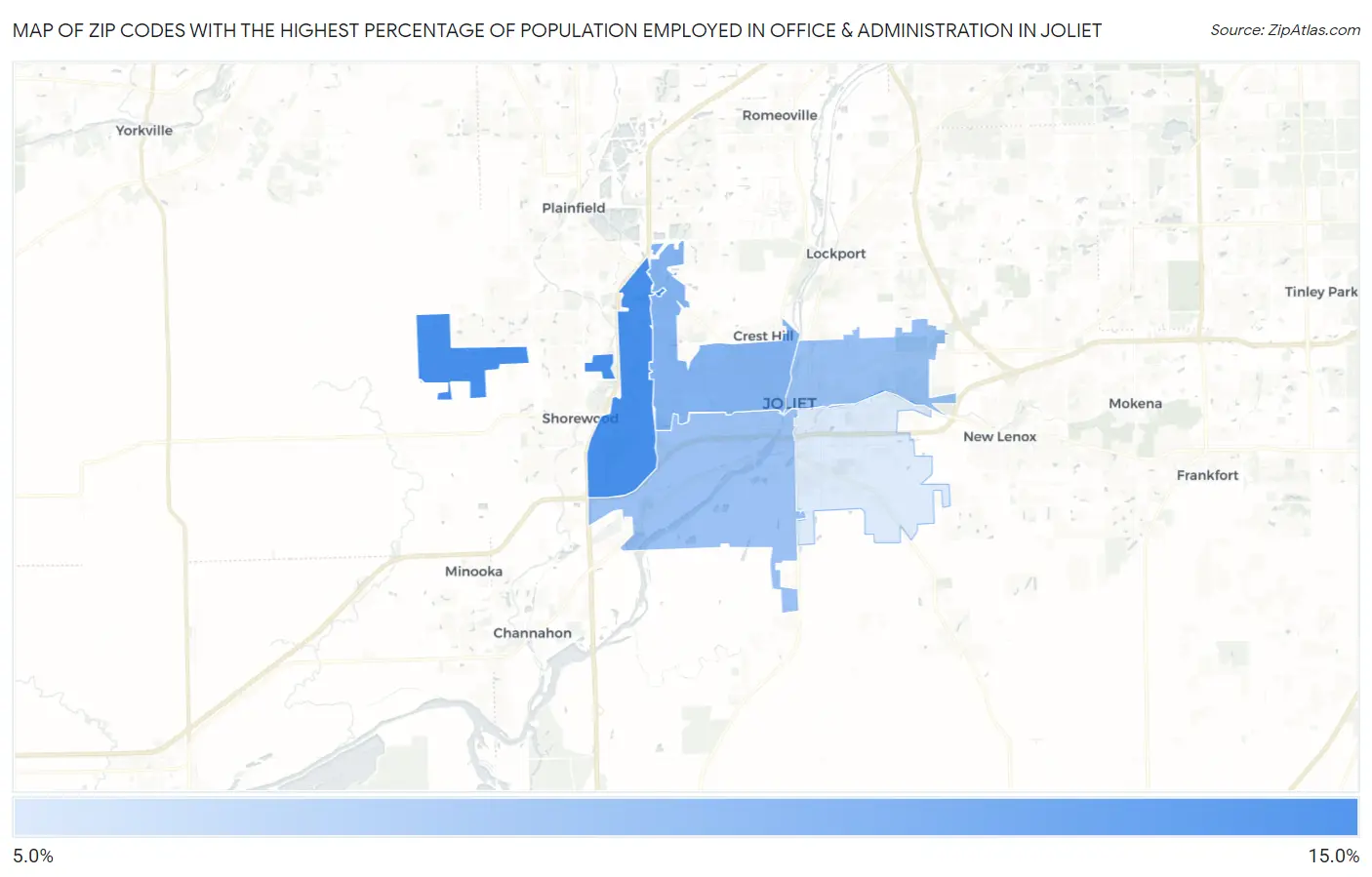 Zip Codes with the Highest Percentage of Population Employed in Office & Administration in Joliet Map