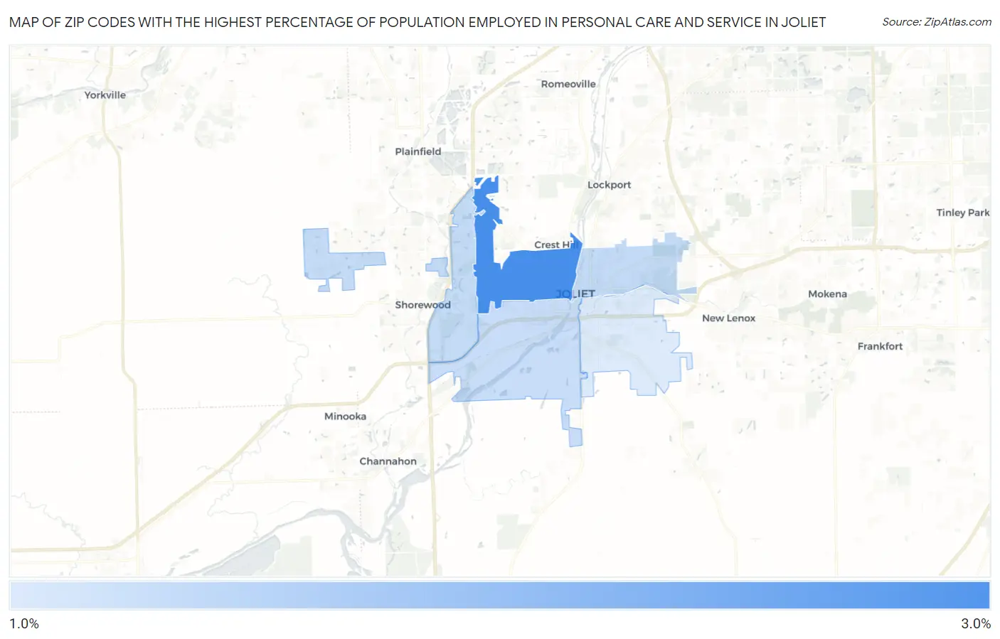 Zip Codes with the Highest Percentage of Population Employed in Personal Care and Service in Joliet Map