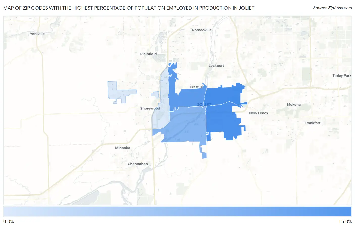 Zip Codes with the Highest Percentage of Population Employed in Production in Joliet Map