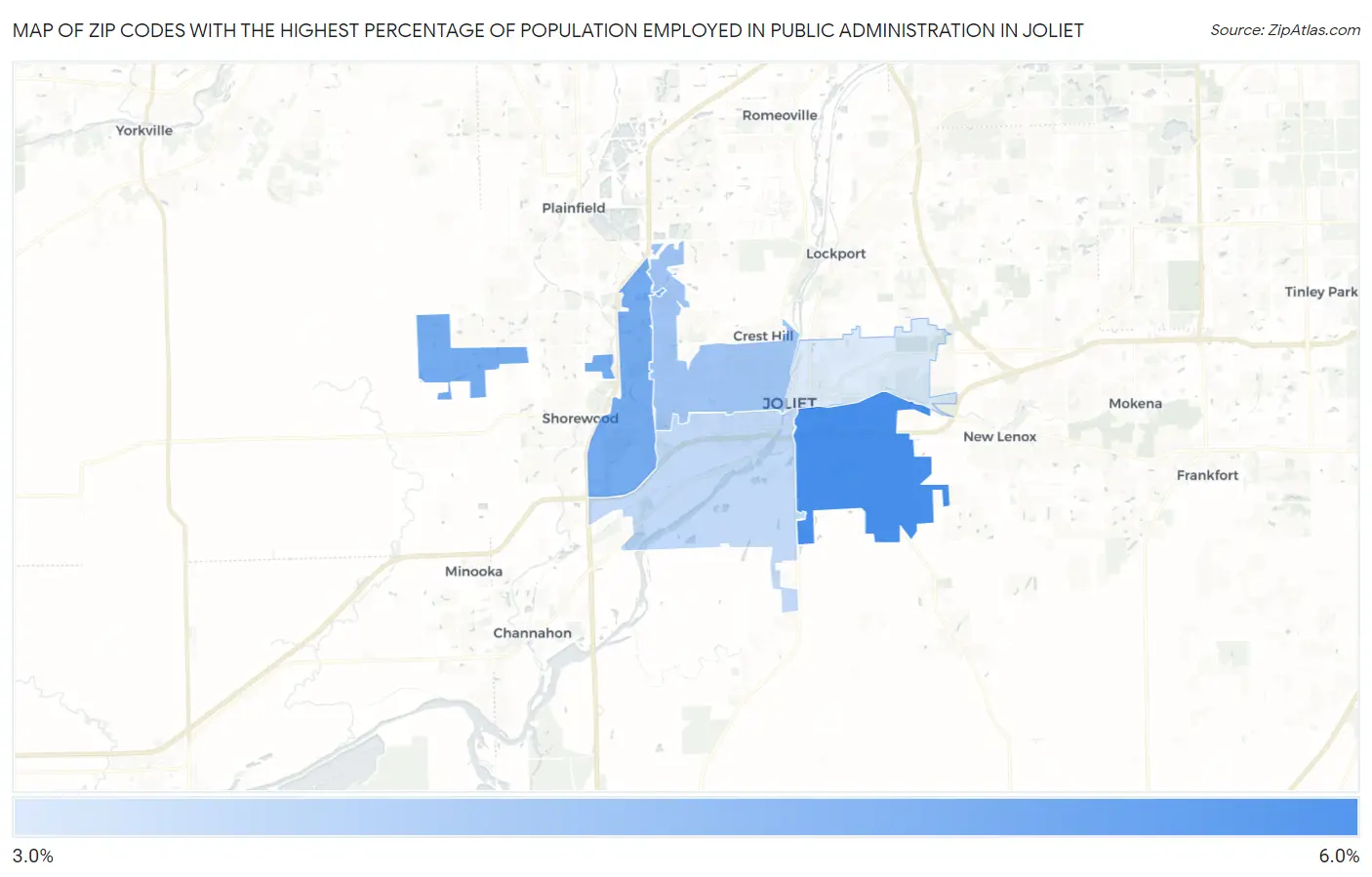 Zip Codes with the Highest Percentage of Population Employed in Public Administration in Joliet Map