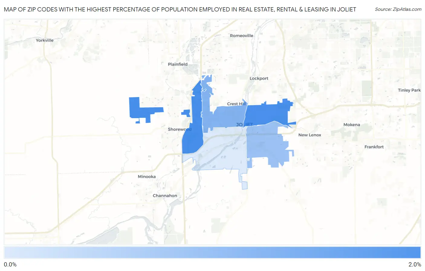 Zip Codes with the Highest Percentage of Population Employed in Real Estate, Rental & Leasing in Joliet Map