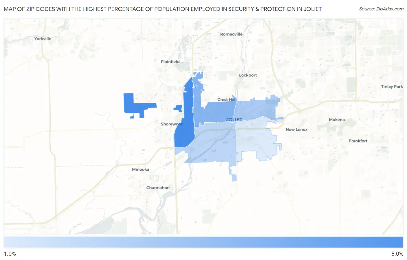 Zip Codes with the Highest Percentage of Population Employed in Security & Protection in Joliet Map