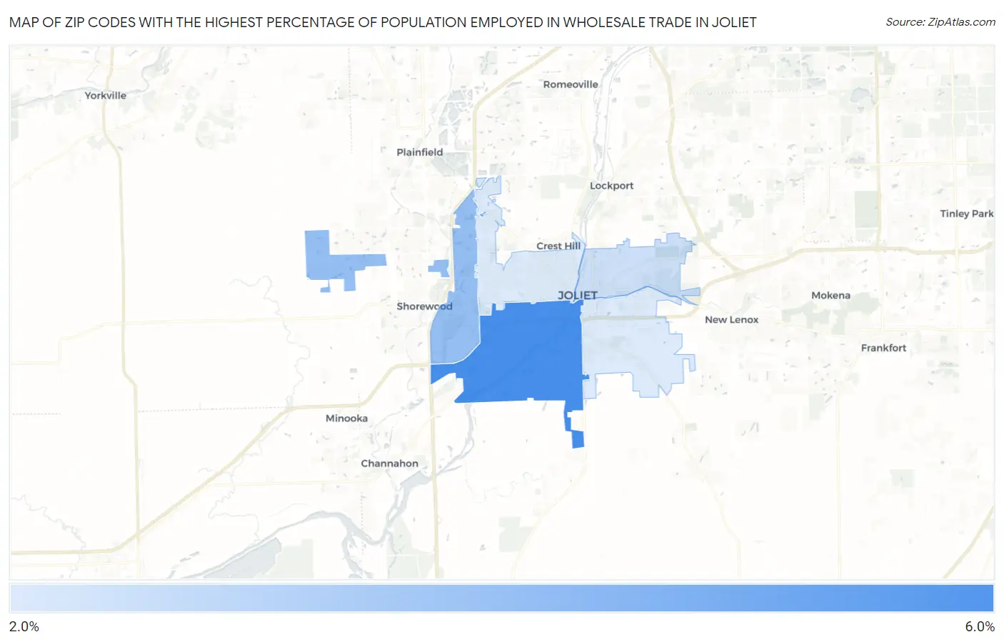Zip Codes with the Highest Percentage of Population Employed in Wholesale Trade in Joliet Map
