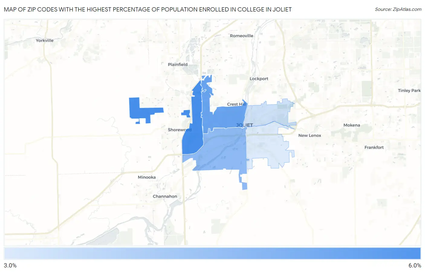 Zip Codes with the Highest Percentage of Population Enrolled in College in Joliet Map