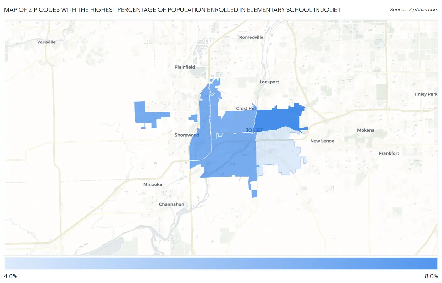 Zip Codes with the Highest Percentage of Population Enrolled in Elementary School in Joliet Map