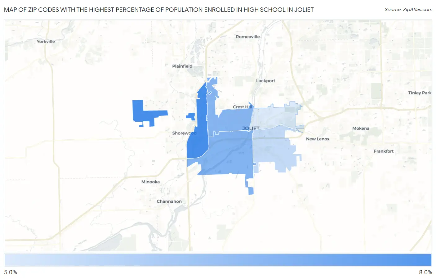 Zip Codes with the Highest Percentage of Population Enrolled in High School in Joliet Map