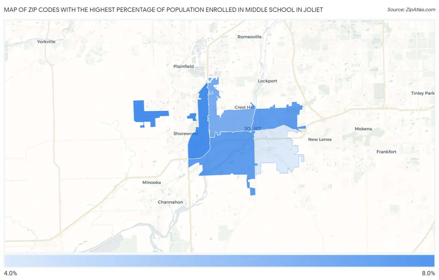 Zip Codes with the Highest Percentage of Population Enrolled in Middle School in Joliet Map