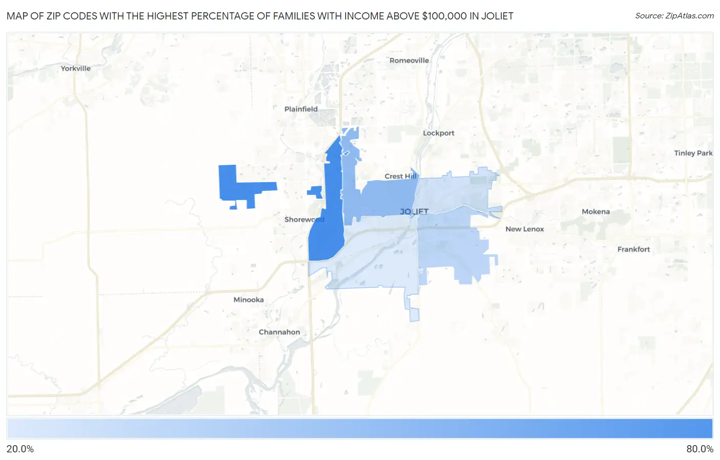 Zip Codes with the Highest Percentage of Families with Income Above $100,000 in Joliet Map