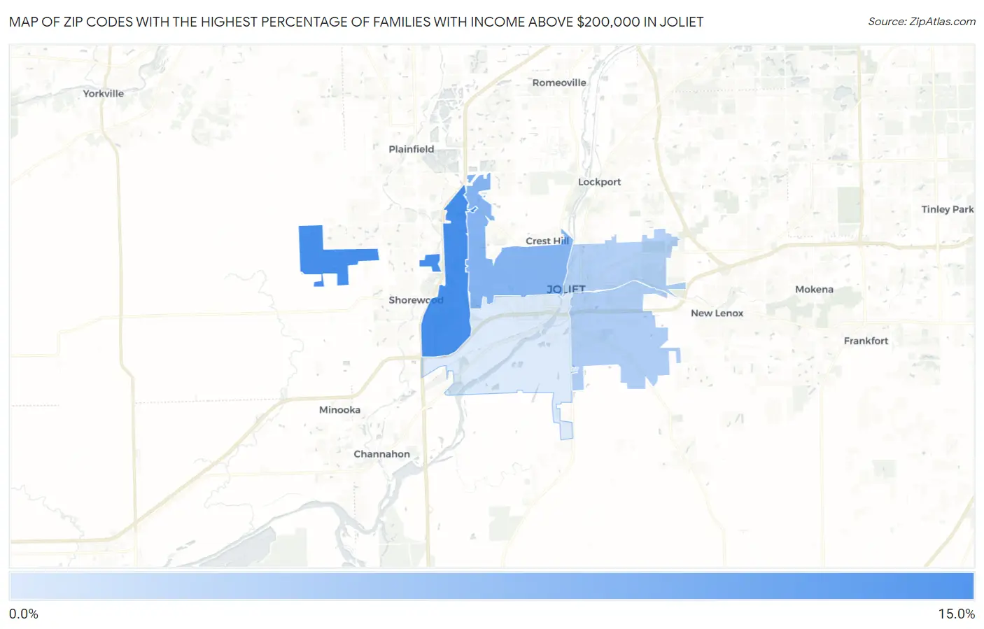 Zip Codes with the Highest Percentage of Families with Income Above $200,000 in Joliet Map