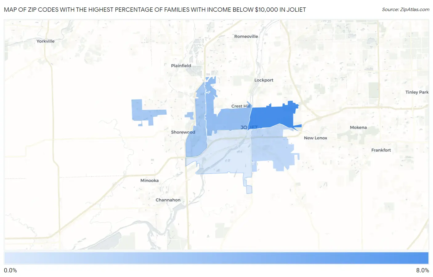 Zip Codes with the Highest Percentage of Families with Income Below $10,000 in Joliet Map