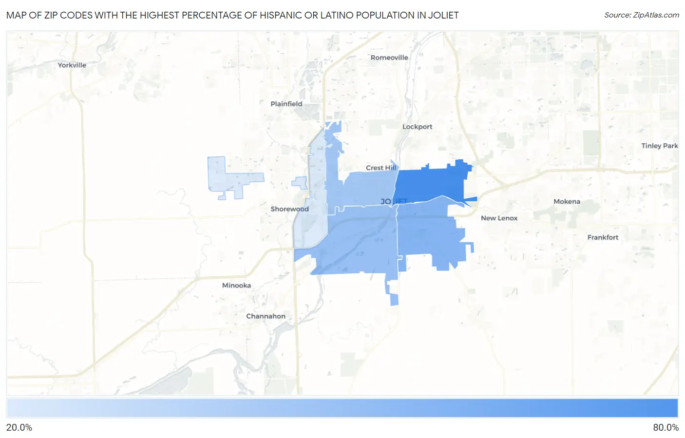 Zip Codes with the Highest Percentage of Hispanic or Latino Population in Joliet Map