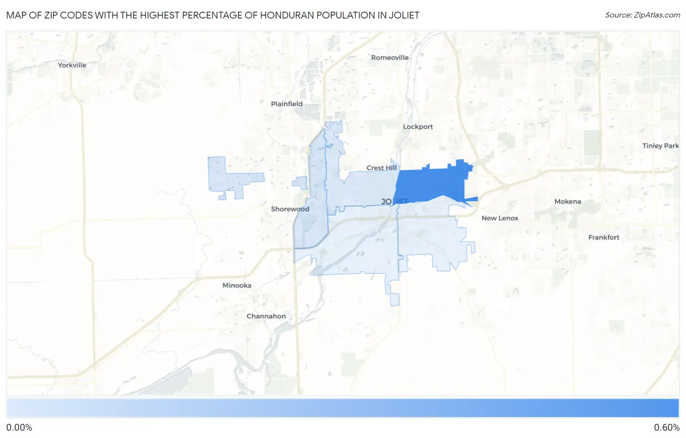 Zip Codes with the Highest Percentage of Honduran Population in Joliet Map