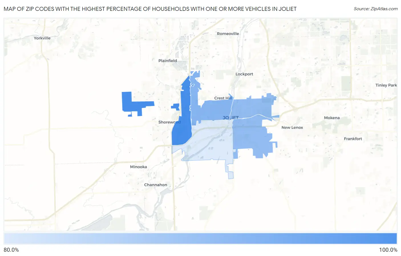 Zip Codes with the Highest Percentage of Households With One or more Vehicles in Joliet Map