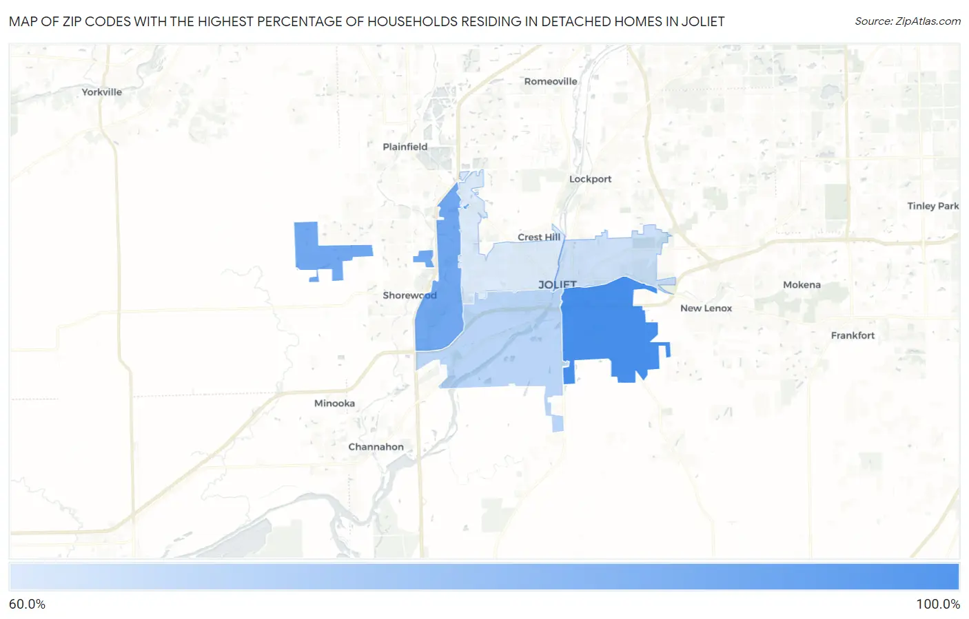 Zip Codes with the Highest Percentage of Households Residing in Detached Homes in Joliet Map