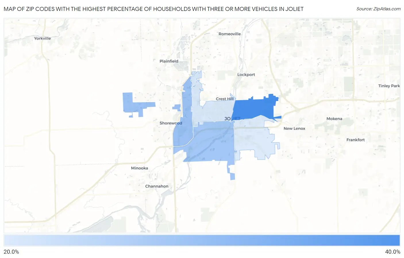 Zip Codes with the Highest Percentage of Households With Three or more Vehicles in Joliet Map