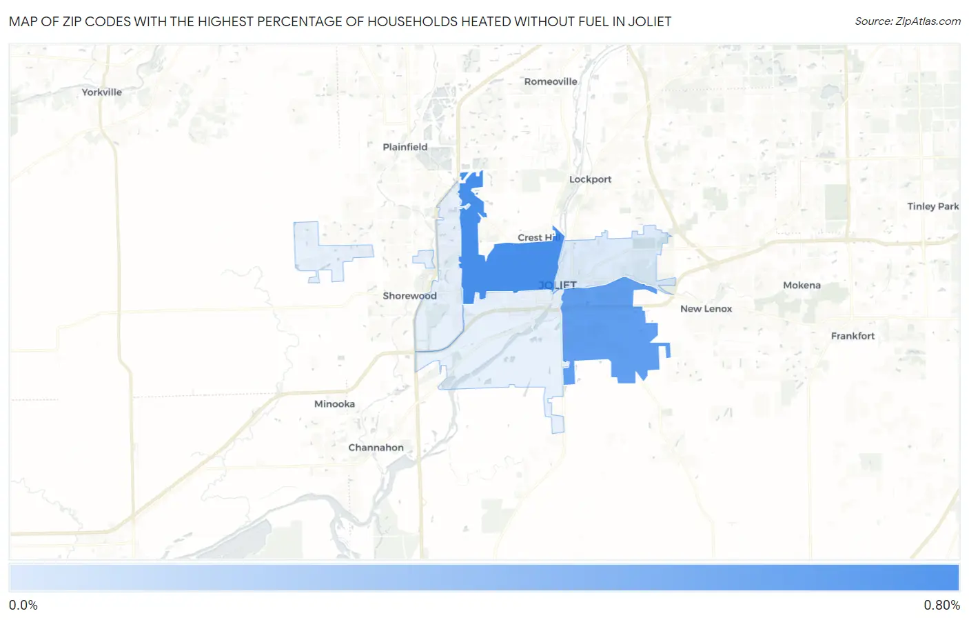 Zip Codes with the Highest Percentage of Households Heated without Fuel in Joliet Map