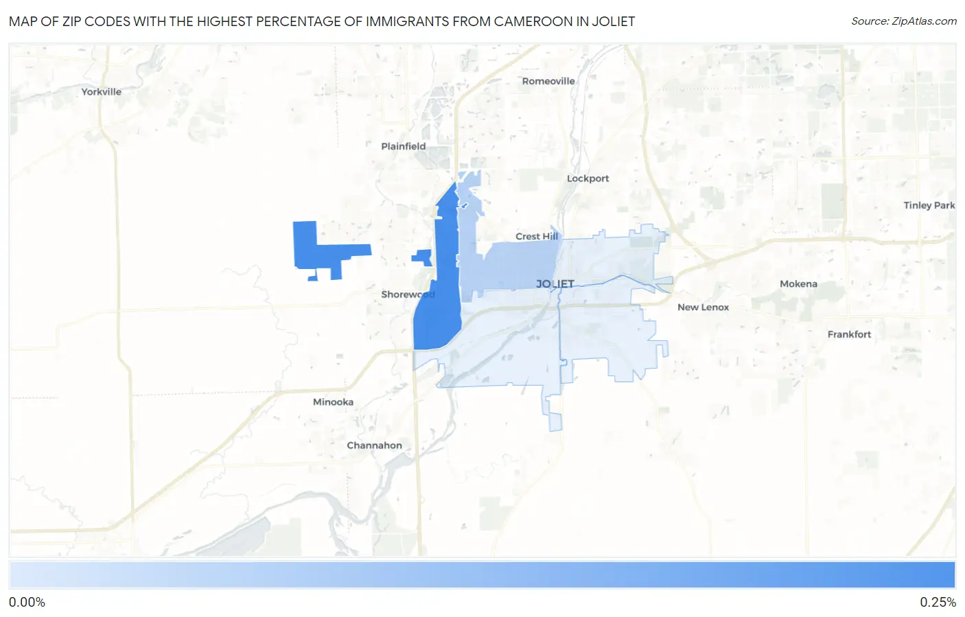 Zip Codes with the Highest Percentage of Immigrants from Cameroon in Joliet Map